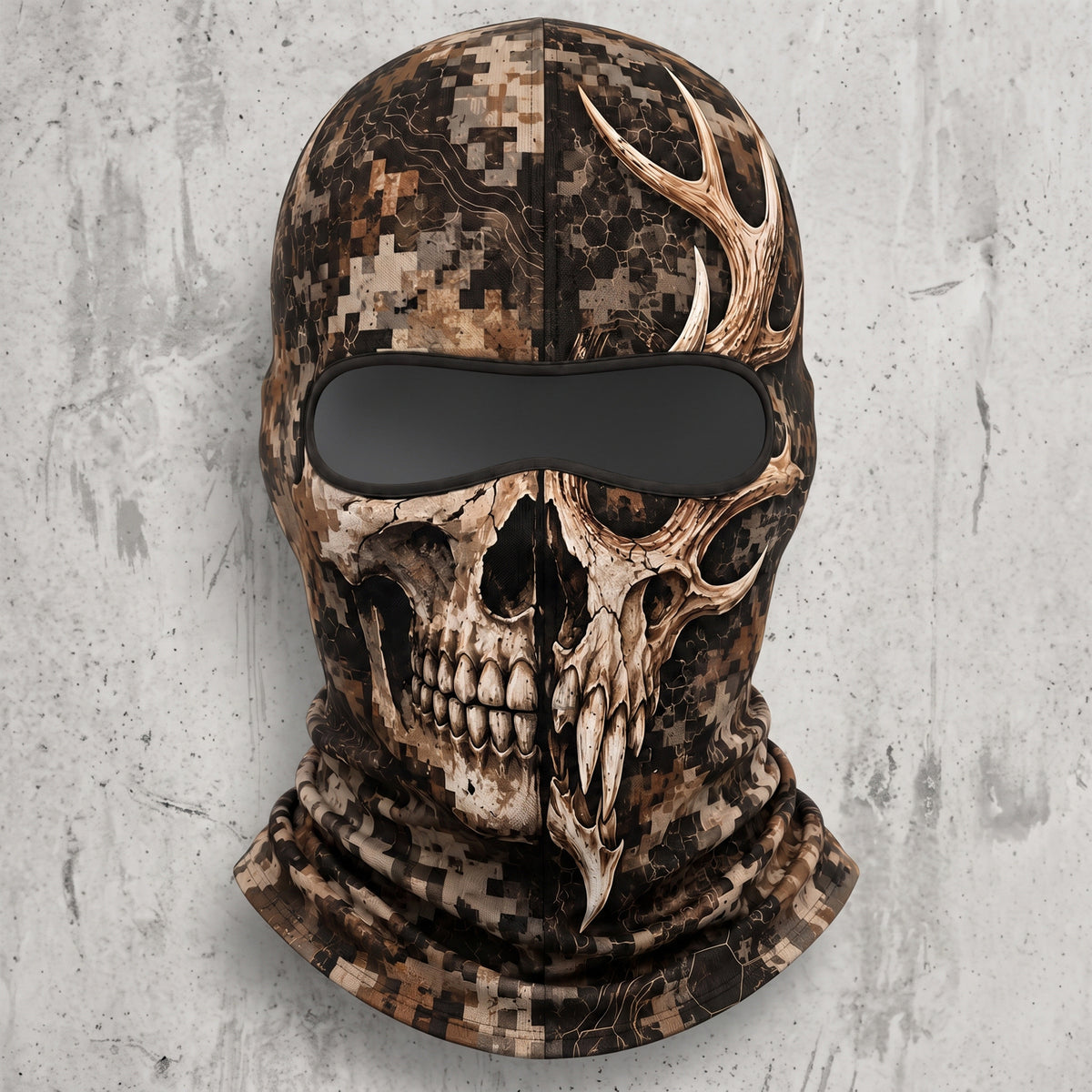Fanged buck skull camo hooded face mask front