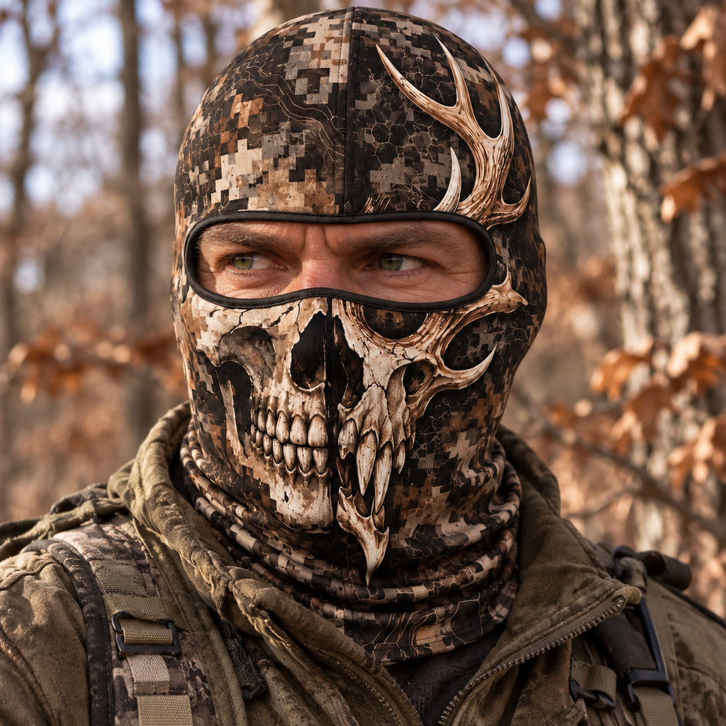Fanged buck skull camo hooded face mask on head