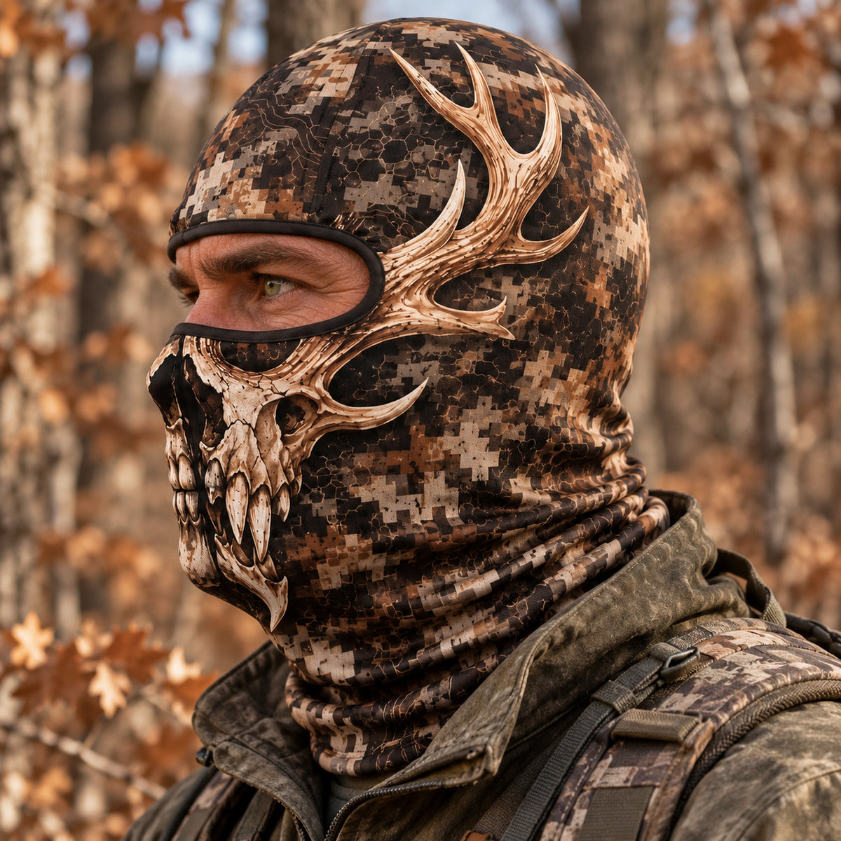 Fanged buck skull camo hooded face mask side view