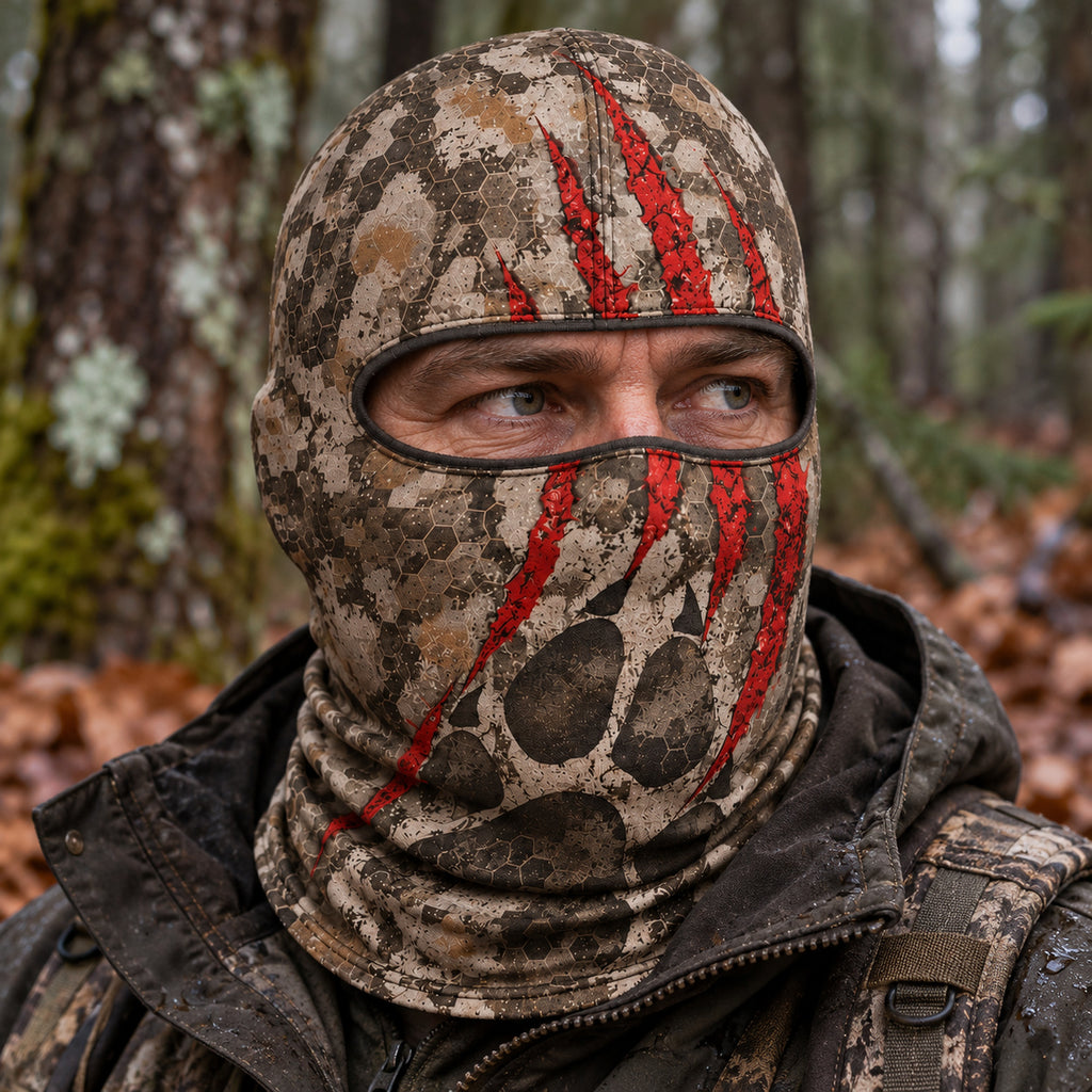 Red claw skull camo hooded face mask on head