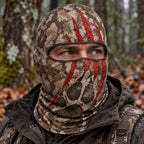Red claw skull camo hooded face mask on head