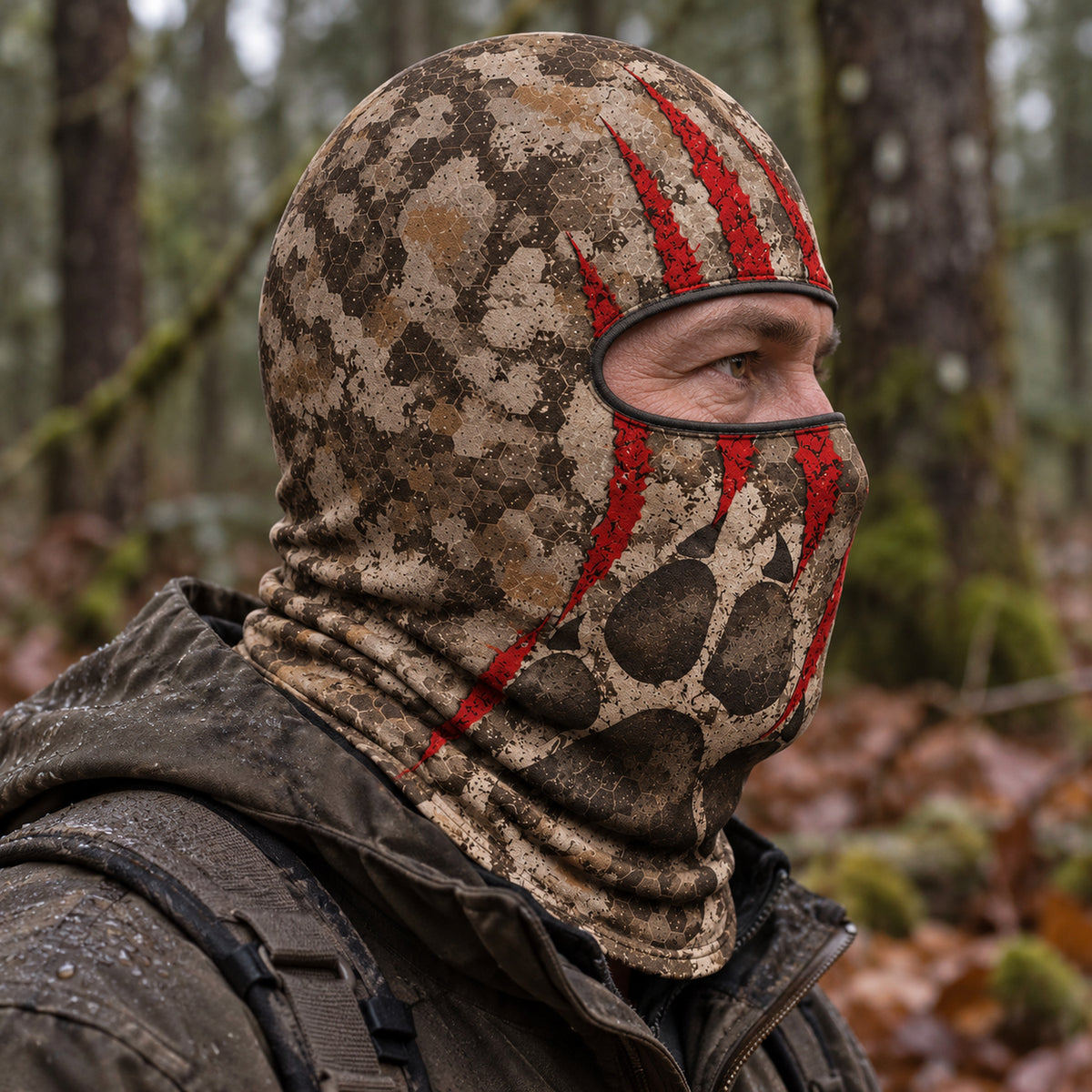 Red claw skull camo hooded face mask side view