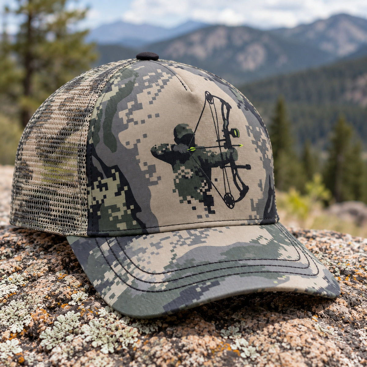 Pixel Draw Archer Mesh Cap 2.0 side view showing the all-over print mesh
