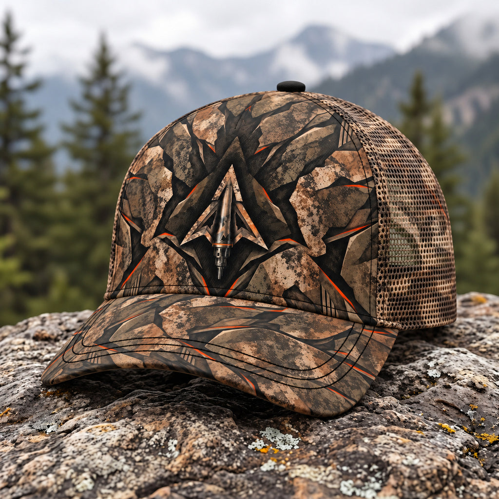 Stone Shard Broadhead Mesh Cap 2.0 side view showing the all-over print mesh