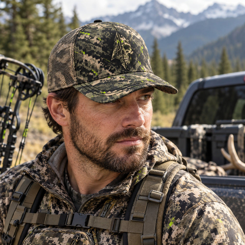 Digital Skull Broadhead Mesh Cap 2.0 worn outdoors