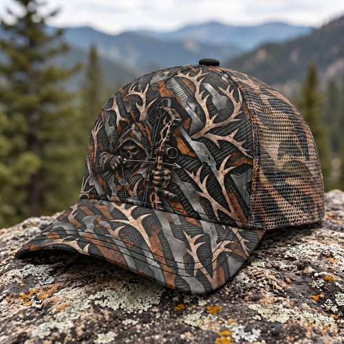 Antler Drift Bowhunt Mesh Cap 2.0 side view showing the all-over print mesh