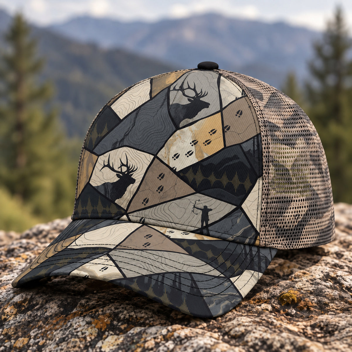 Shale Facet Bull Mesh Cap 2.0 side view showing the all-over print mesh