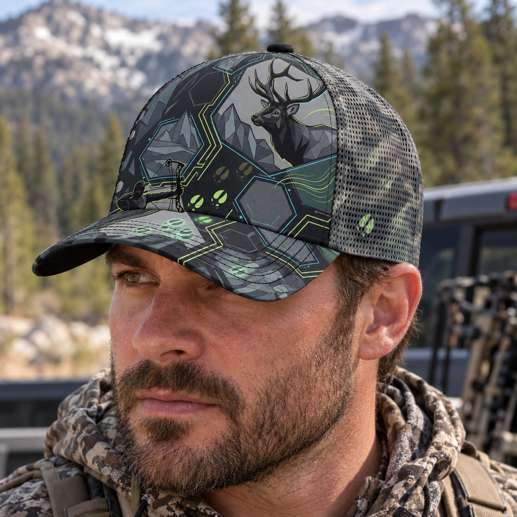 Night Hex Bull Mesh Cap 2.0 worn outdoors