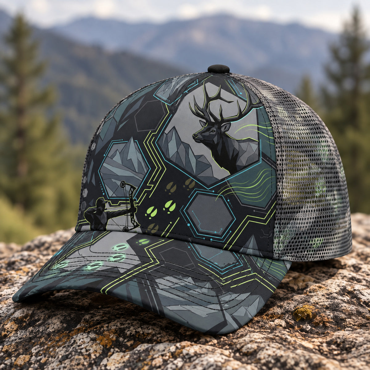 Night Hex Bull Mesh Cap 2.0 side view showing the all-over print mesh