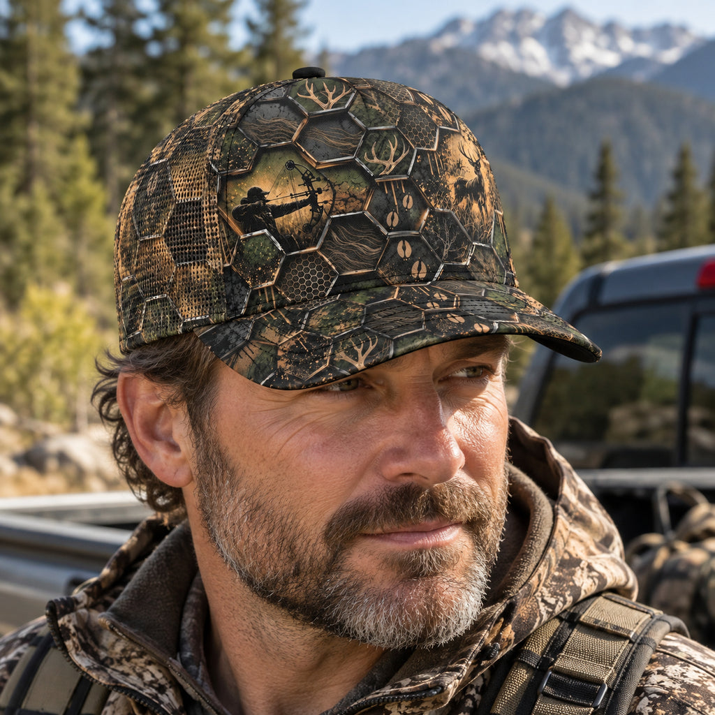 Gilded Hex Buck Mesh Cap 2.0 worn outdoors