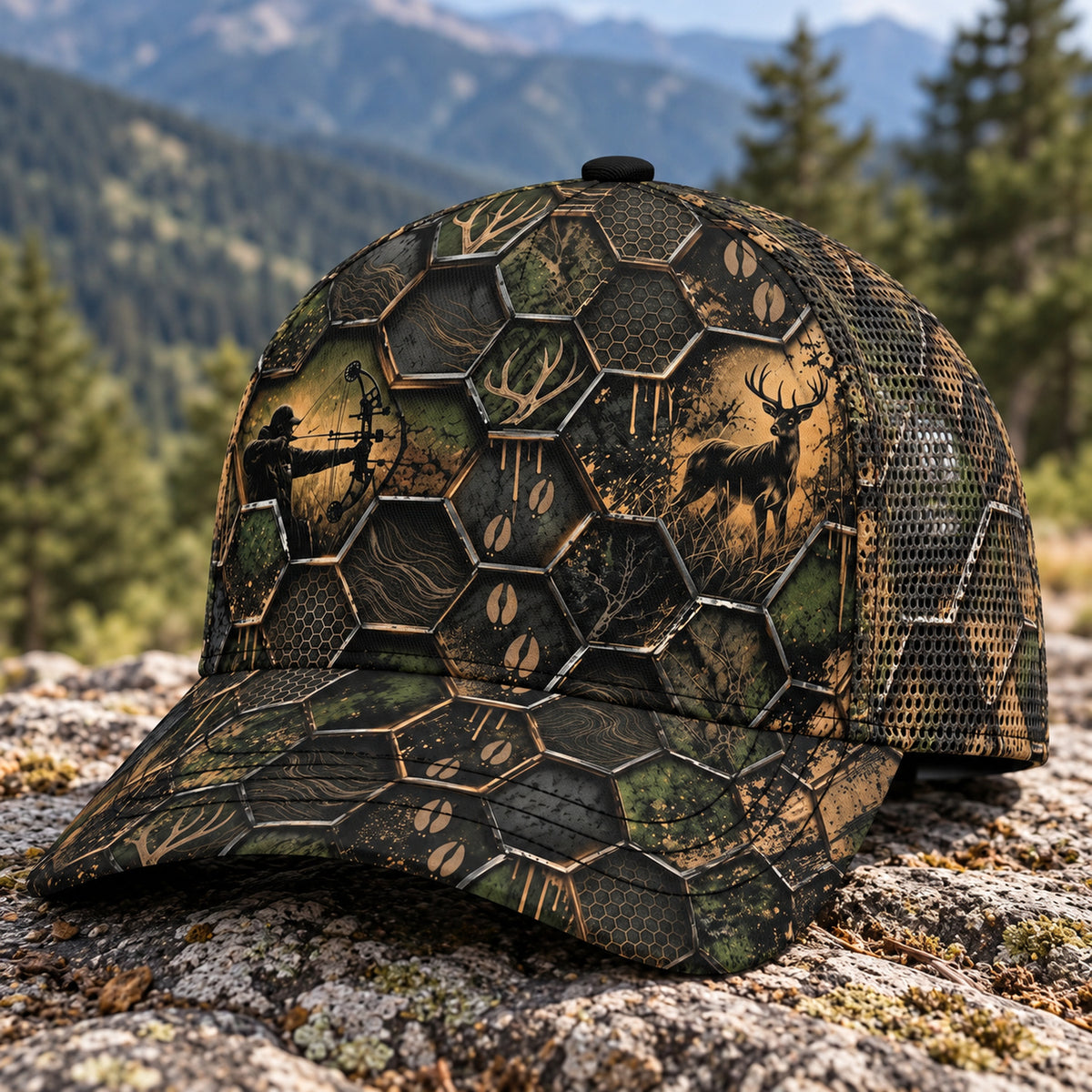 Gilded Hex Buck Mesh Cap 2.0 side view showing the all-over print mesh