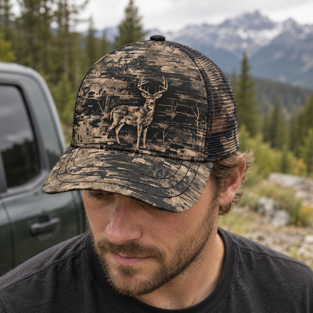 Static Grain Buck Mesh Cap 2.0 worn outdoors