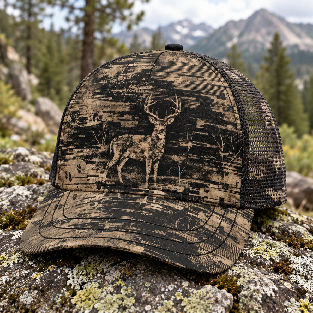 Static Grain Buck Mesh Cap 2.0 side view showing the all-over print mesh