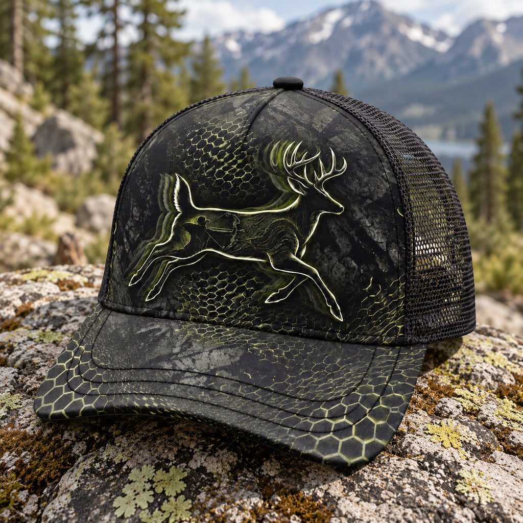 Leaping Line Buck Mesh Cap 2.0 side view showing the all-over print mesh