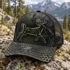 Leaping Line Buck Mesh Cap 2.0 side view showing the all-over print mesh