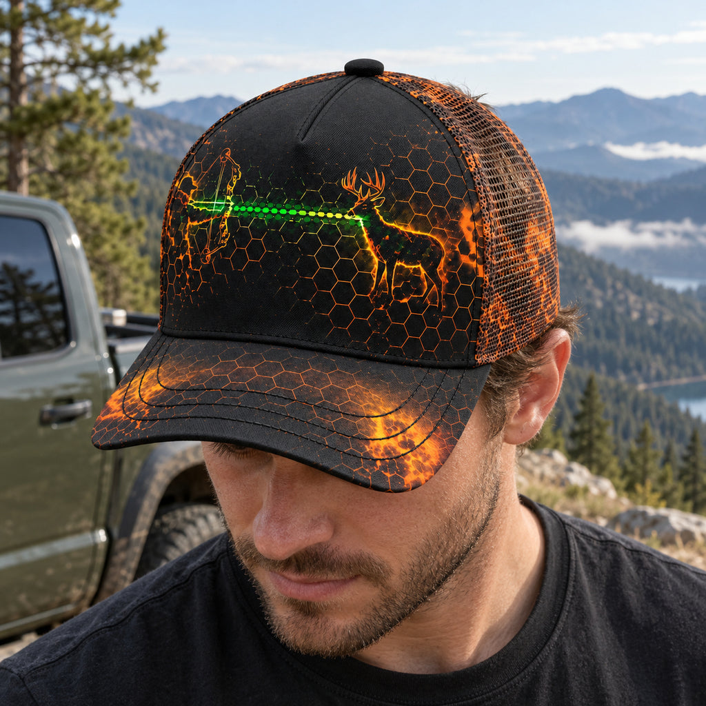 Ember Hex Draw Mesh Cap 2.0 worn outdoors