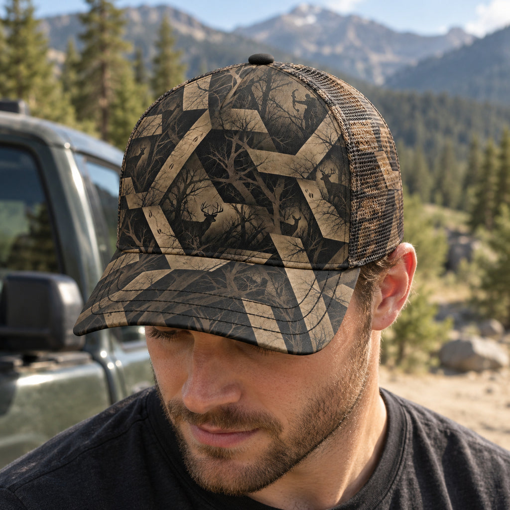 Lattice Branch Buck Mesh Cap 2.0 worn outdoors