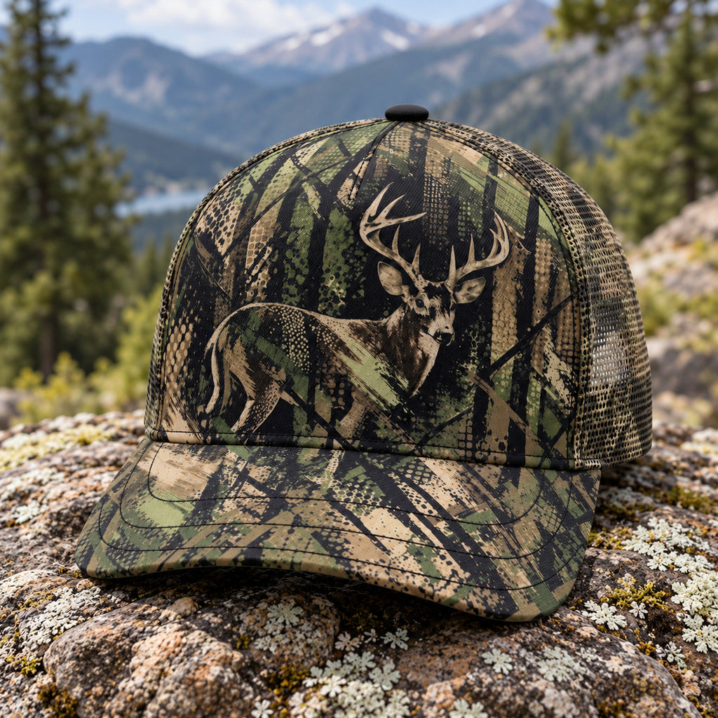 Brush Veil Buck Mesh Cap 2.0 side view showing the all-over print mesh