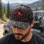 Crimson Shatter Archer Mesh Cap 2.0 worn outdoors