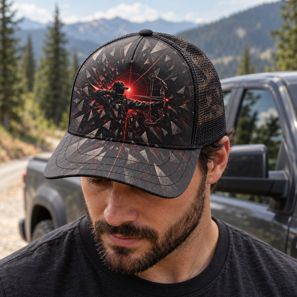 Crimson Shatter Archer Mesh Cap 2.0 worn outdoors