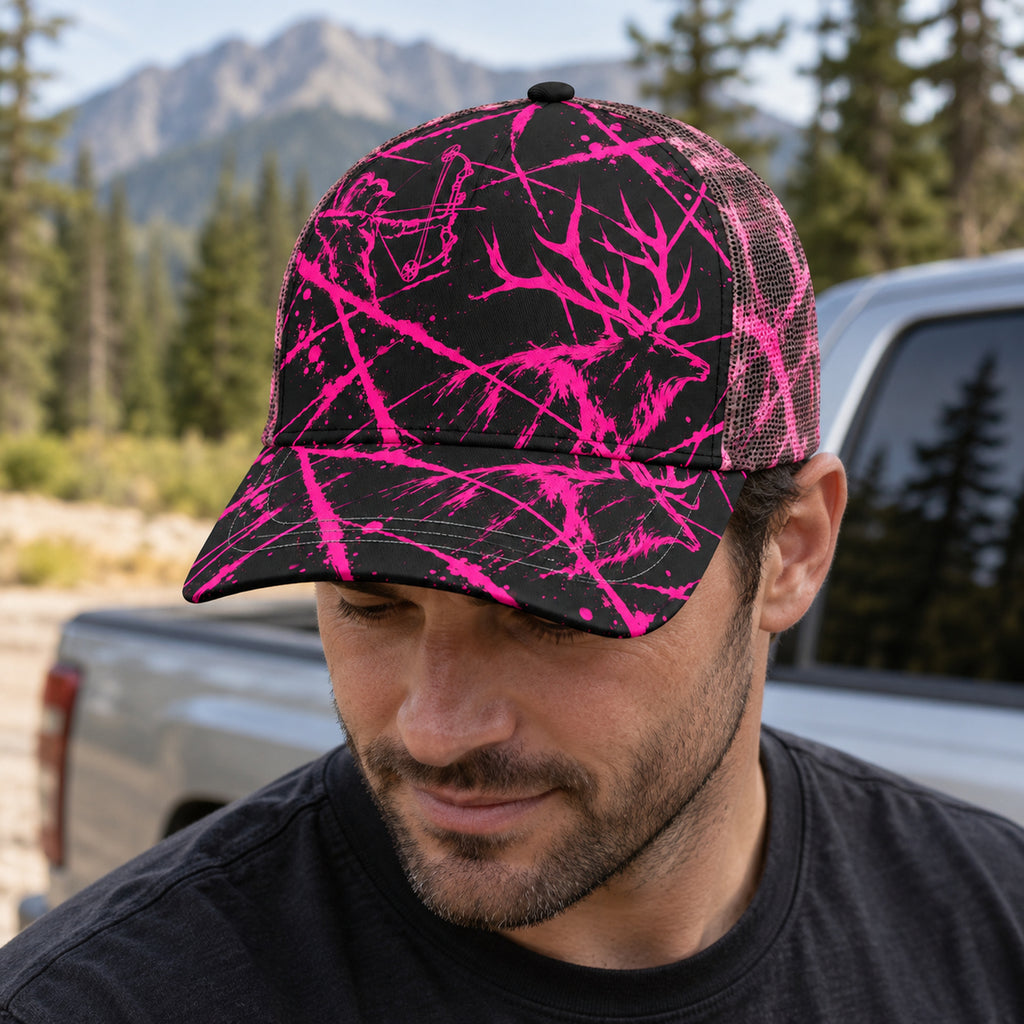 Pink Splatter Bull Mesh Cap 2.0 worn outdoors