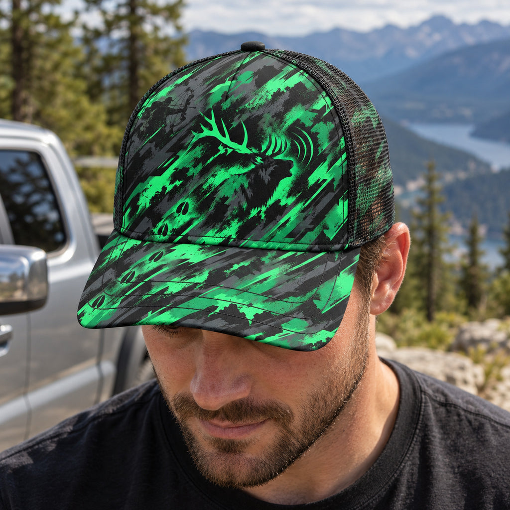 Jade Bugle Bull Mesh Cap 2.0 worn outdoors