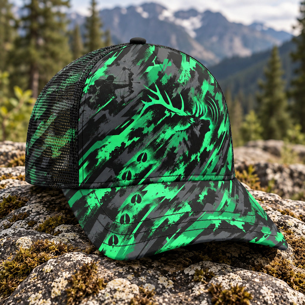 Jade Bugle Bull Mesh Cap 2.0 side view showing the all-over print mesh