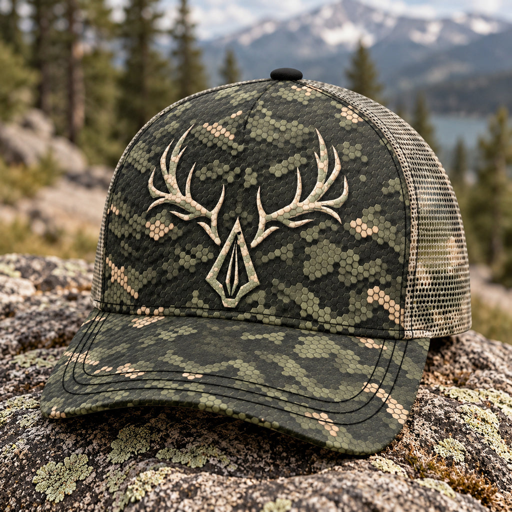 Rack And Broadhead Mesh Cap 2.0 side view showing the all-over print mesh