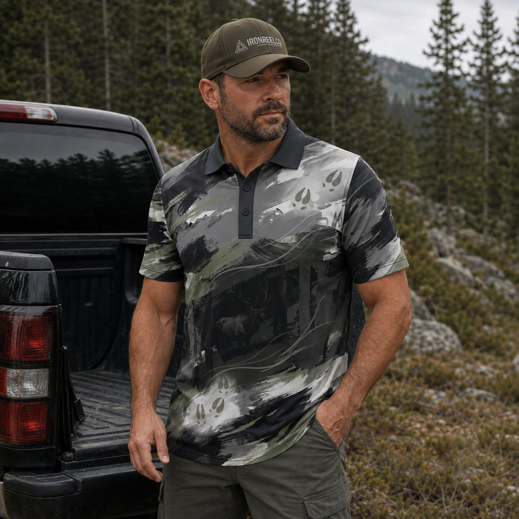 Brushstroke Elk Camo Polo Shirt On Body