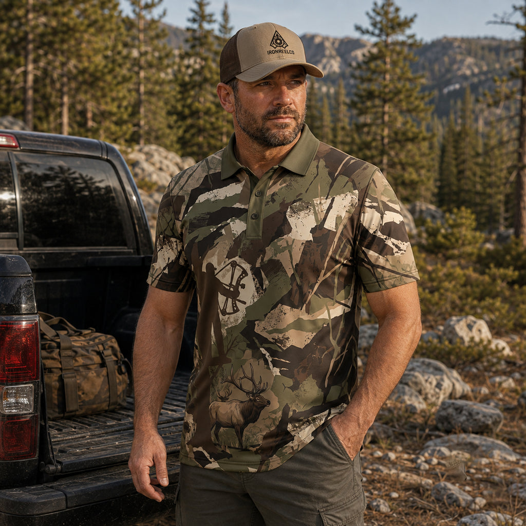 Fractured Timber Elk Camo Polo Shirt On Body