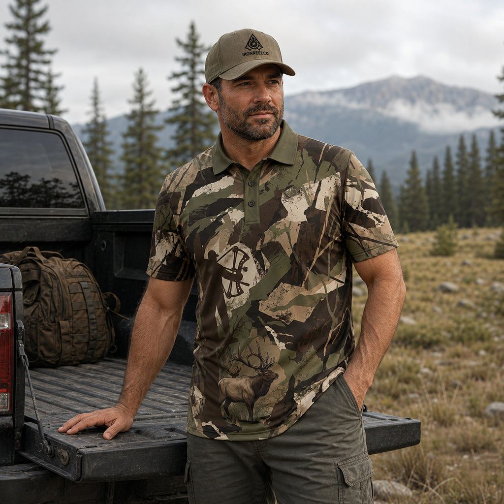 Fractured Timber Elk Camo Polo Shirt On Body 2