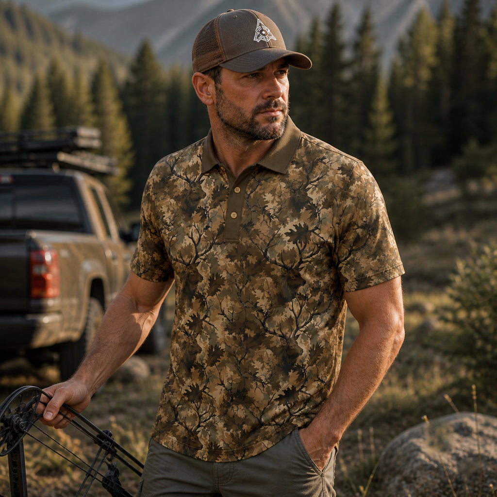 Rutting Oak Camo Polo Shirt On Body 2