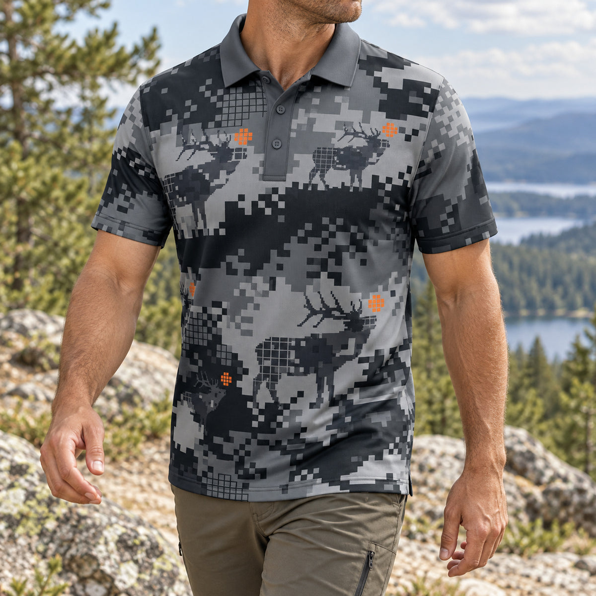 Pixel Ridge Elk Camo Polo Shirt angled view