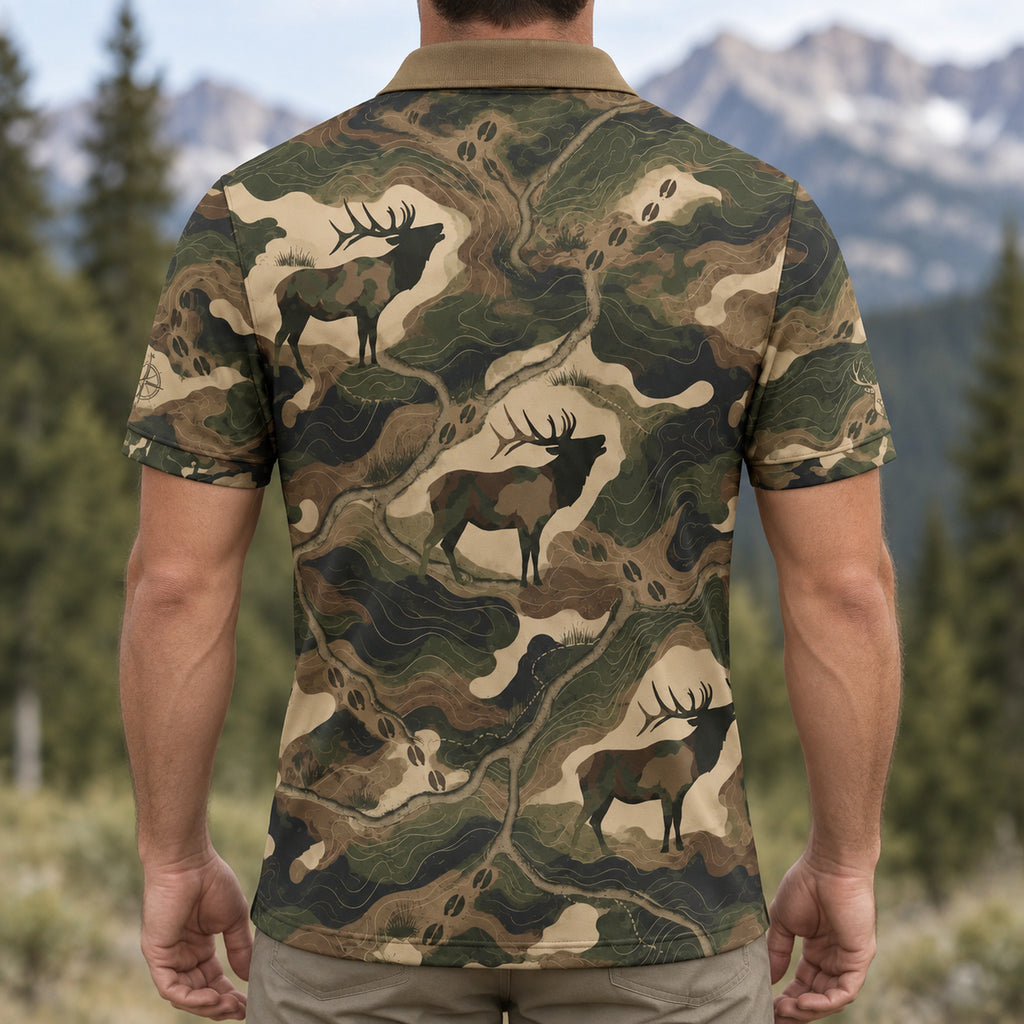 Timber Flow Elk Camo Polo Shirt back view