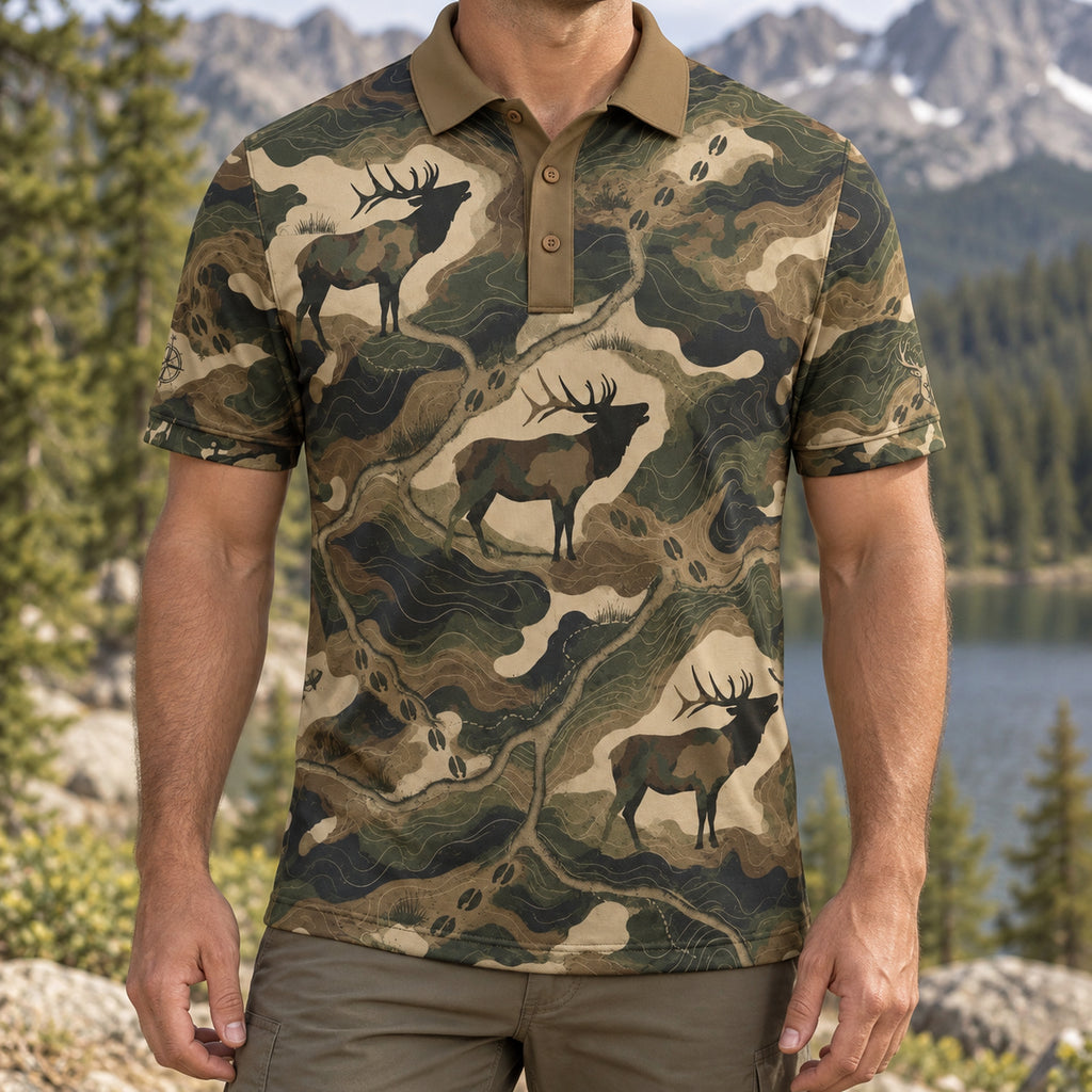 Timber Flow Elk Camo Polo Shirt worn outdoors