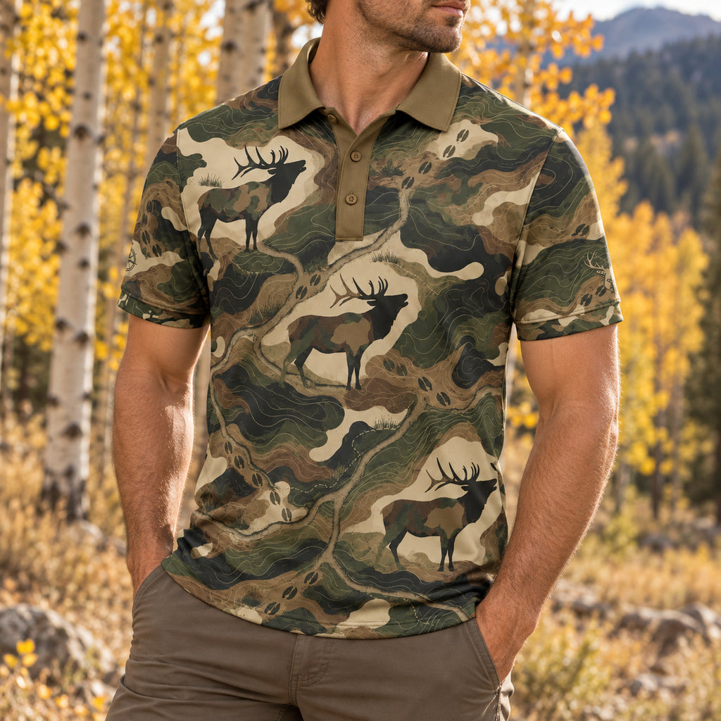Timber Flow Elk Camo Polo Shirt angled view