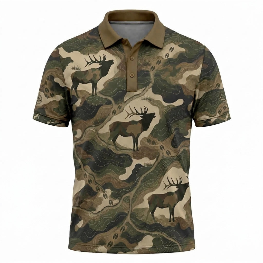 Timber Flow Elk Camo Polo Shirt front