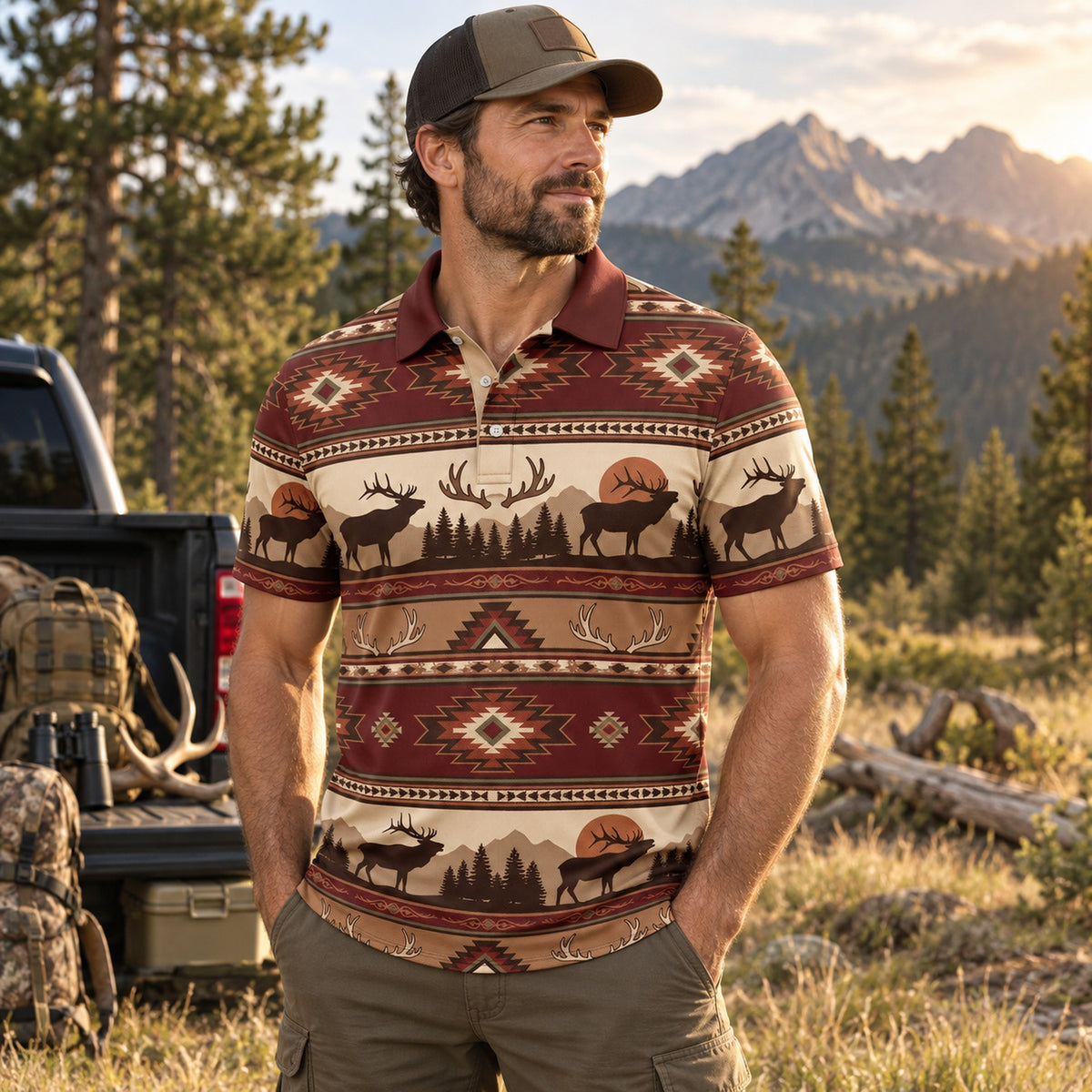 Aztec Blanket Elk Ridge Polo Shirt worn outdoors