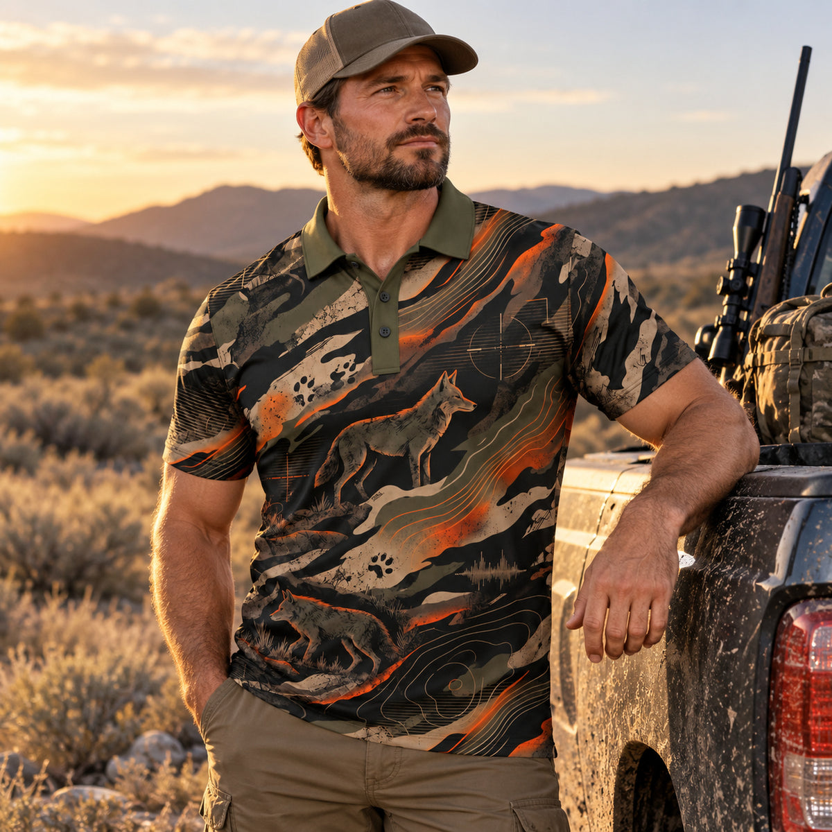 Crosshair Coyote Polo Shirt worn outdoors