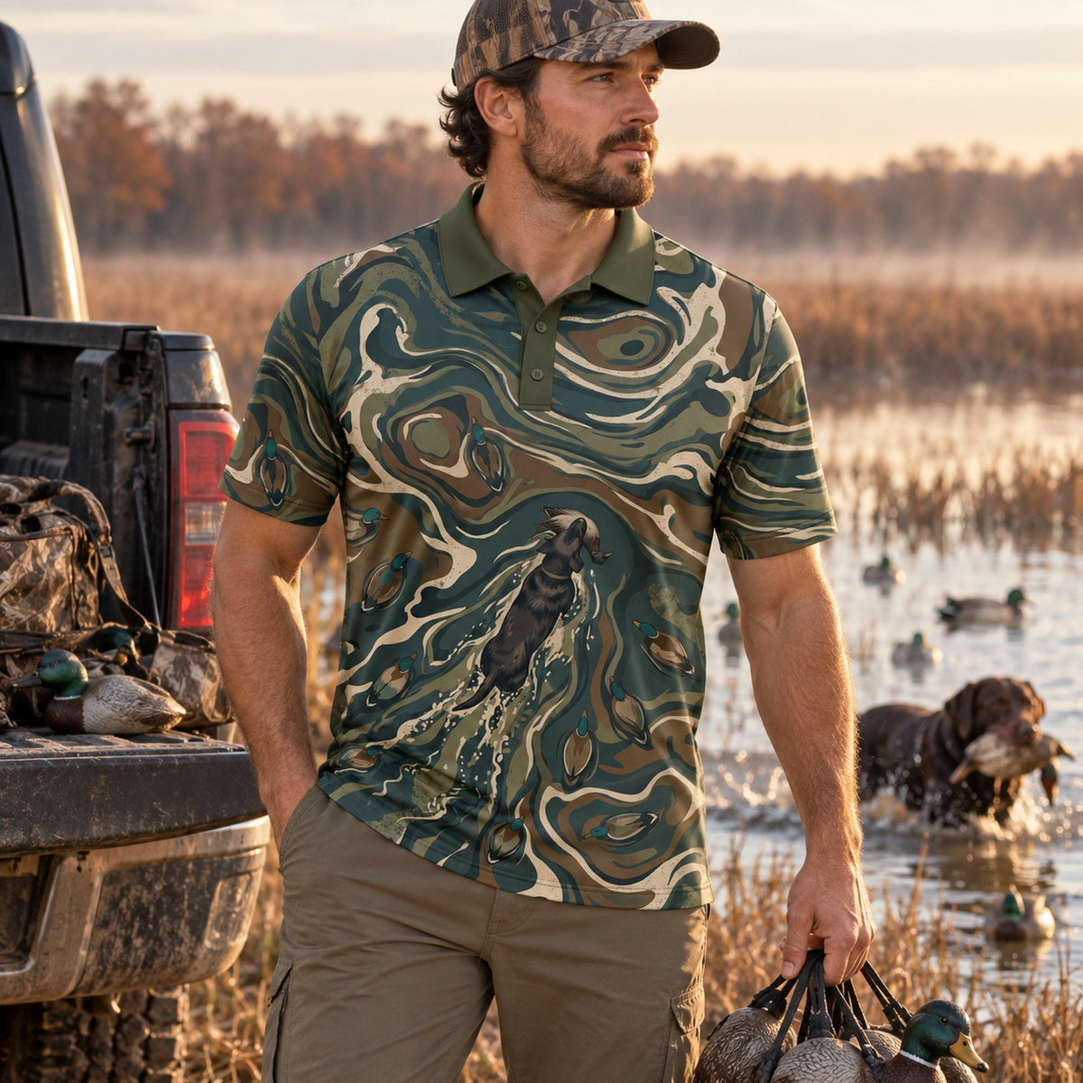Marsh Swirl Retriever Camo Polo Shirt worn outdoors