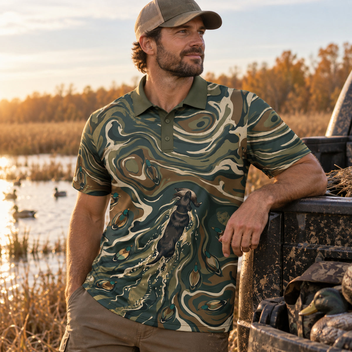 Marsh Swirl Retriever Camo Polo Shirt angled view