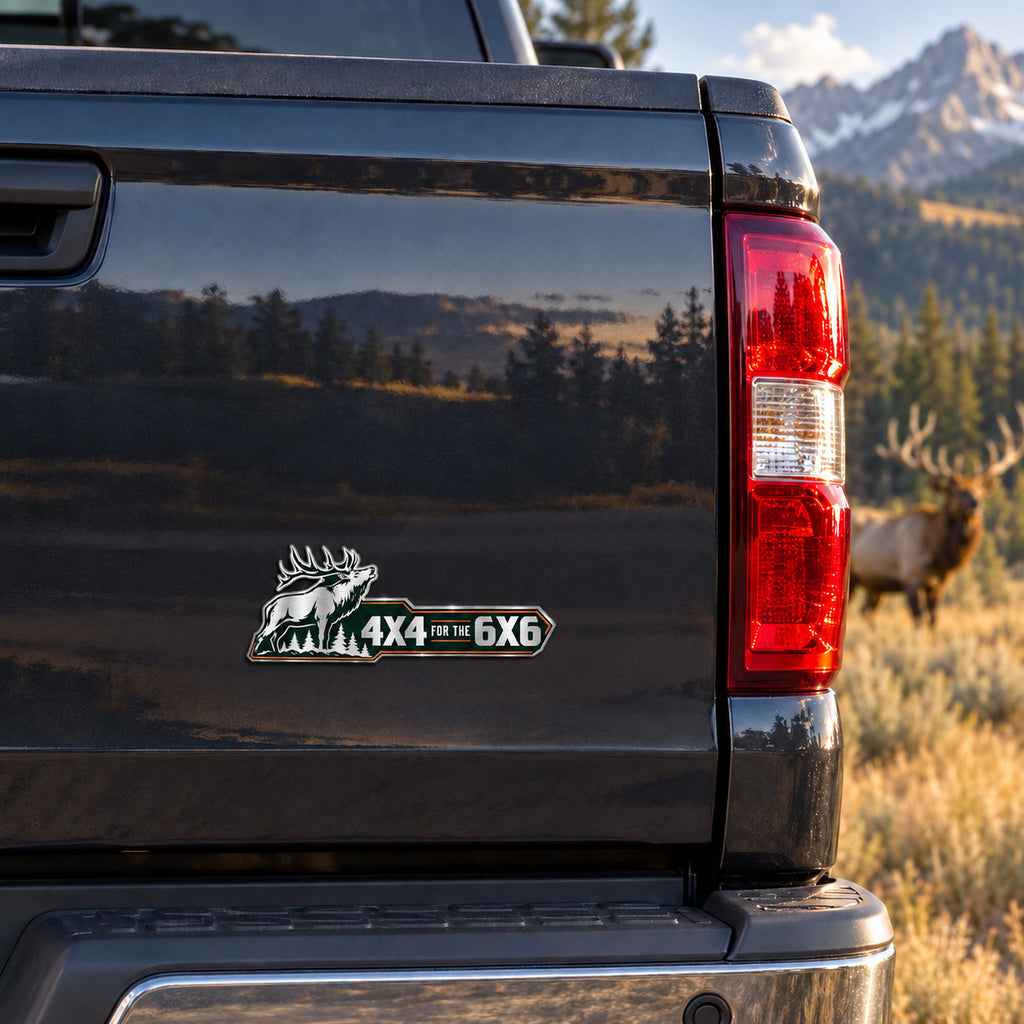 Bull elk emblem mounted on a truck tailgate, direct view