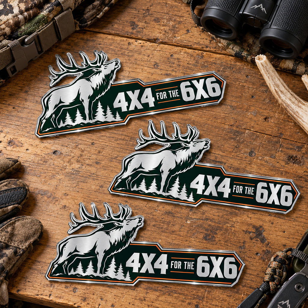 Three sizes of the bull elk metal emblem side by side