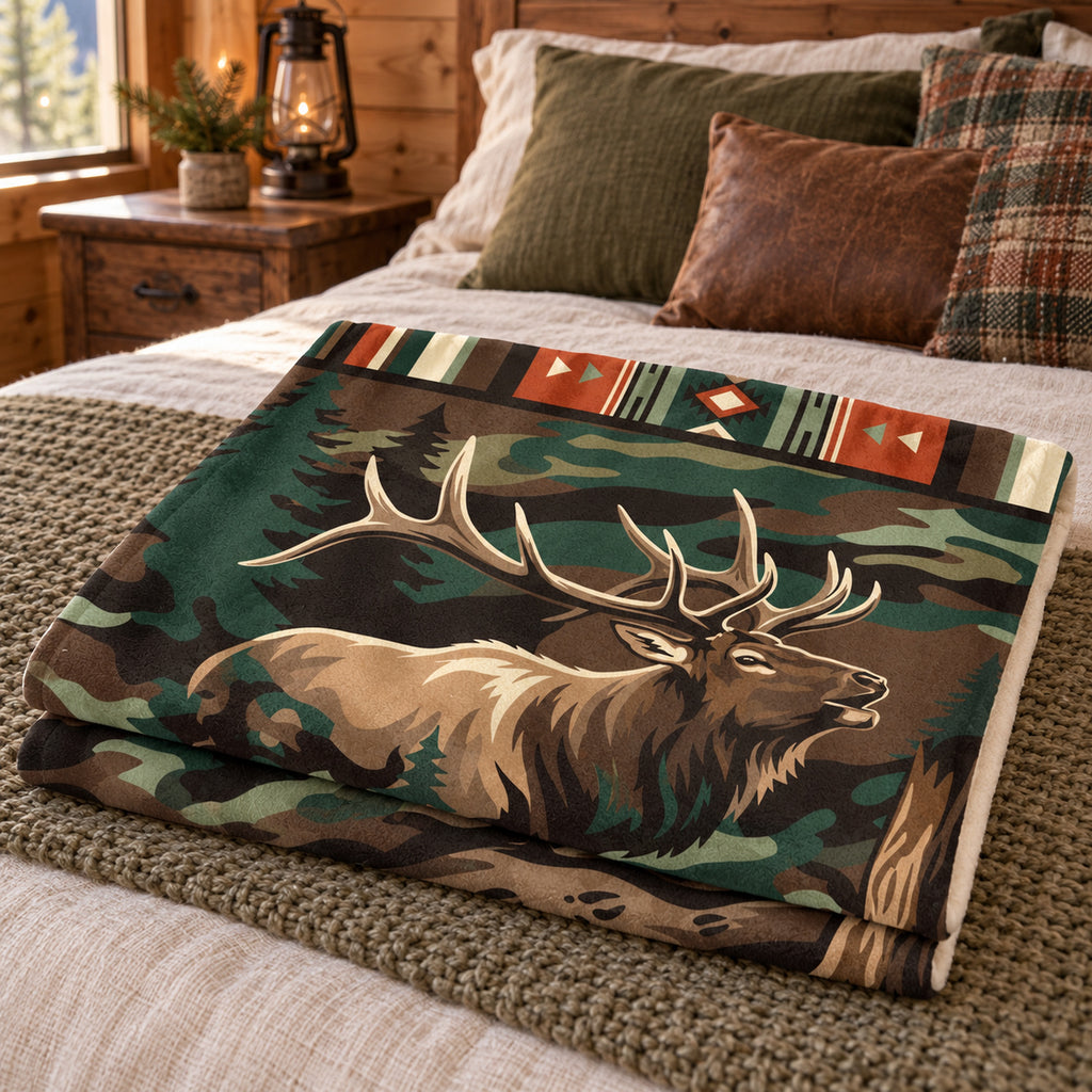 Bull Elk Camp Stripe Fleece Blanket folded on a bed