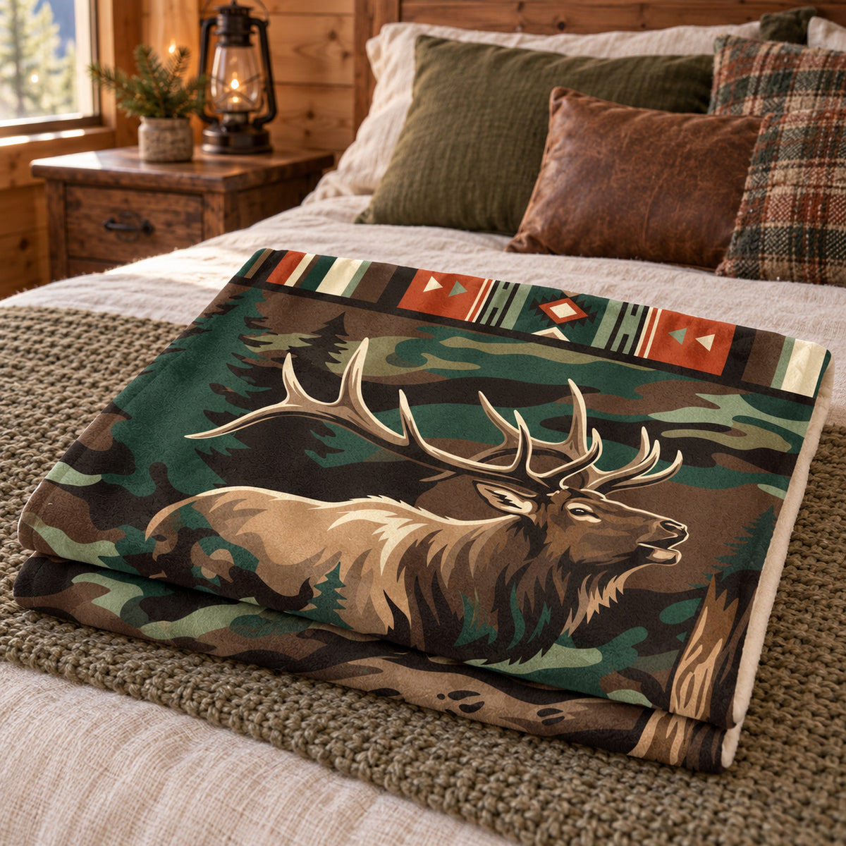 Bull Elk Camp Stripe Fleece Blanket folded on a bed