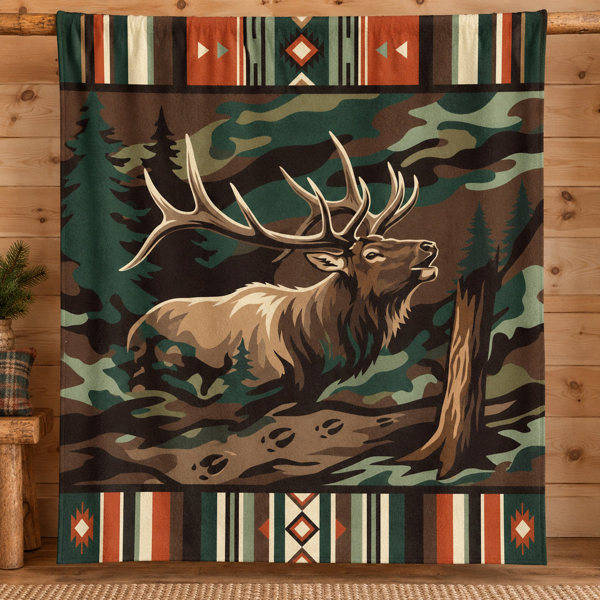 Bull Elk Camp Stripe Fleece Blanket full print front
