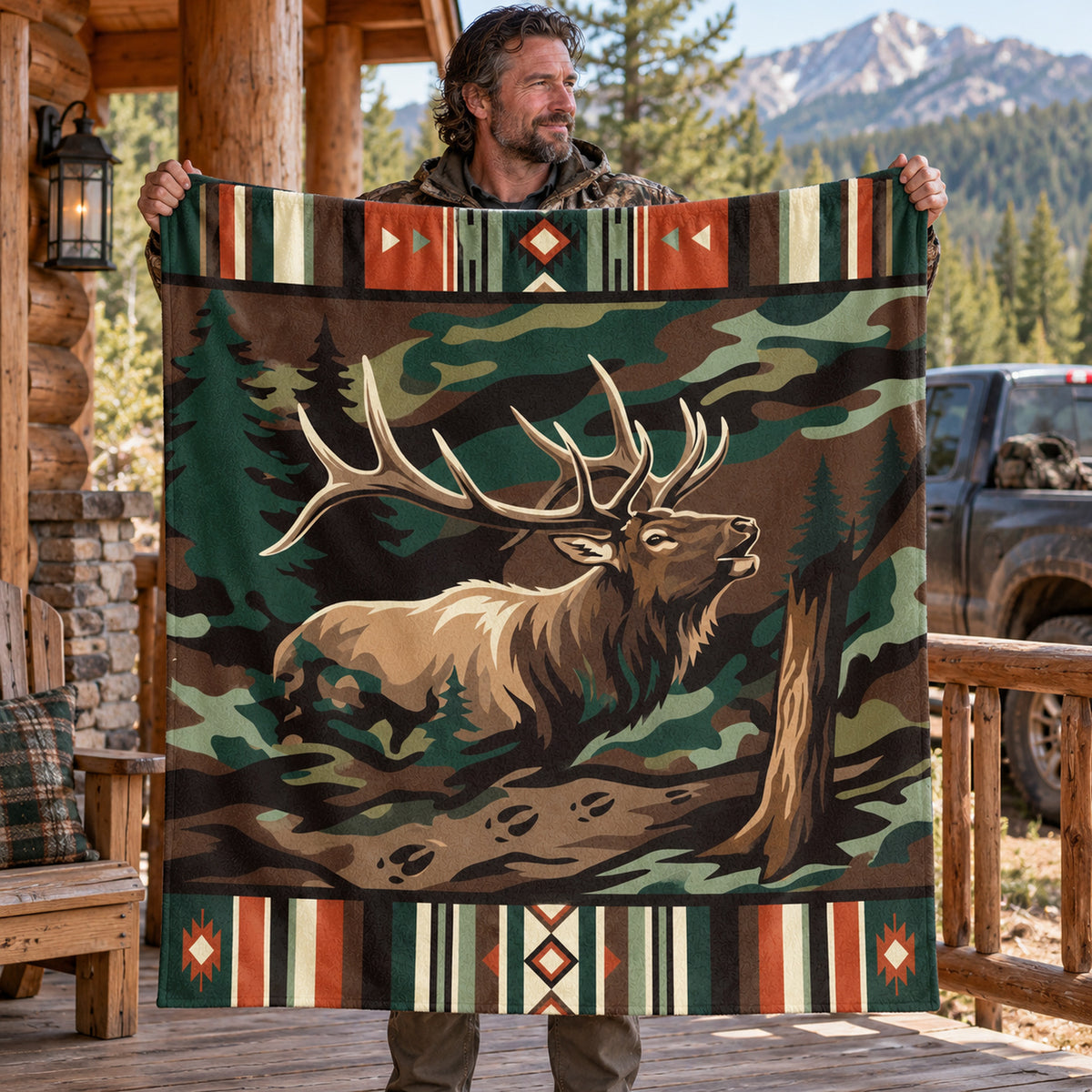 Bull Elk Camp Stripe Fleece Blanket held open by a hunter