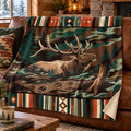 Bull Elk Camp Stripe Fleece Blanket draped on a couch