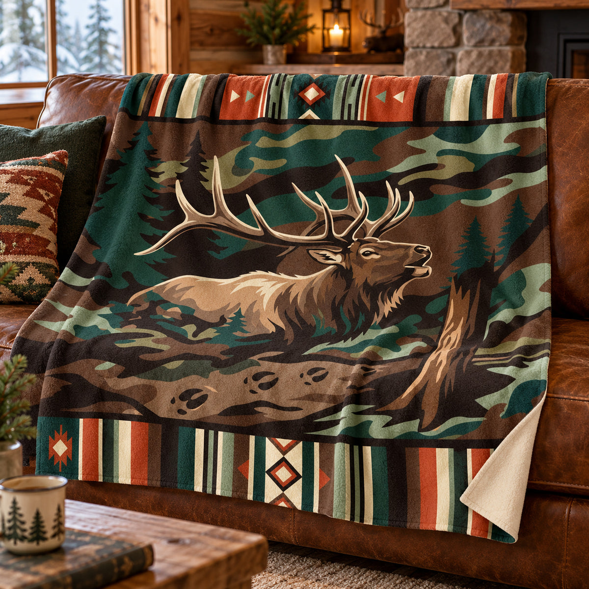 Bull Elk Camp Stripe Fleece Blanket draped on a couch