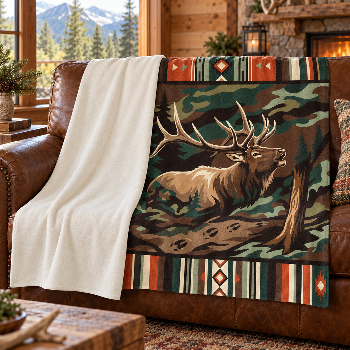 Bull Elk Camp Stripe Fleece Blanket showing the sherpa back